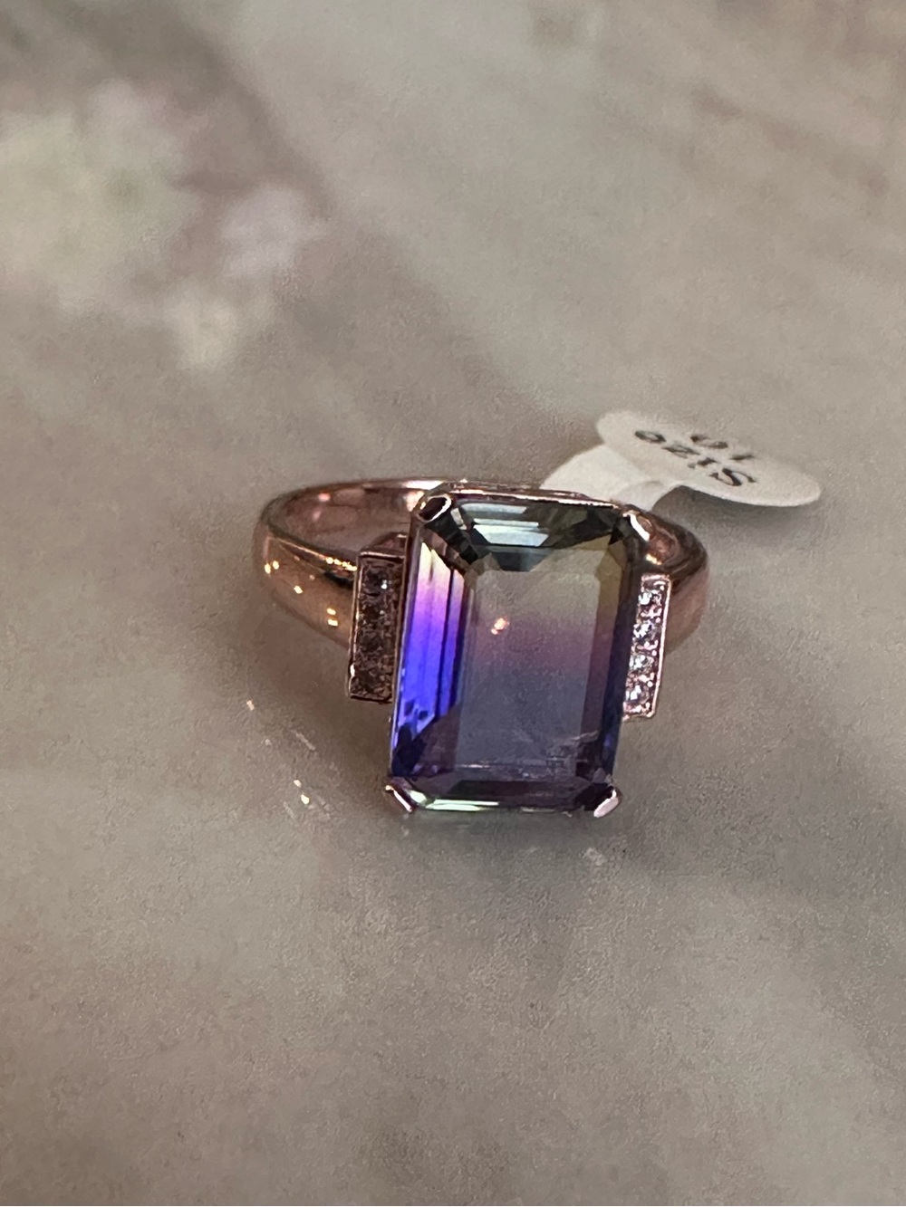 Emerald-Cut Rose Gold Ring- Purple/pink & yellow/green Tourmaline Color way